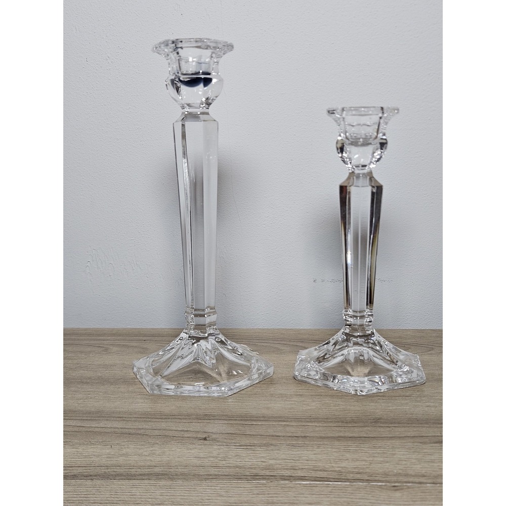 Pair Clear Crystal Glass Candlesticks Hexagon Base Slovakia 8.25" & 6.75"